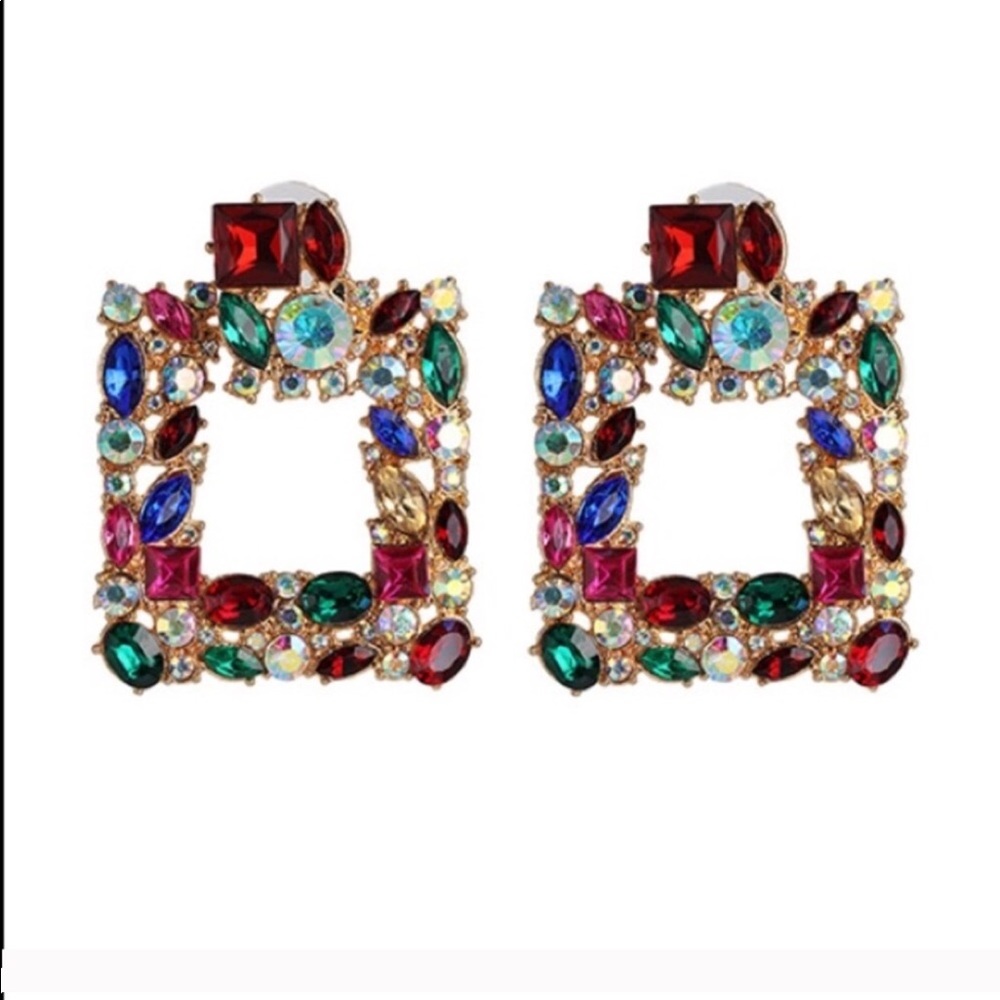 Multi-color Rhinestone Square drop Earrings
